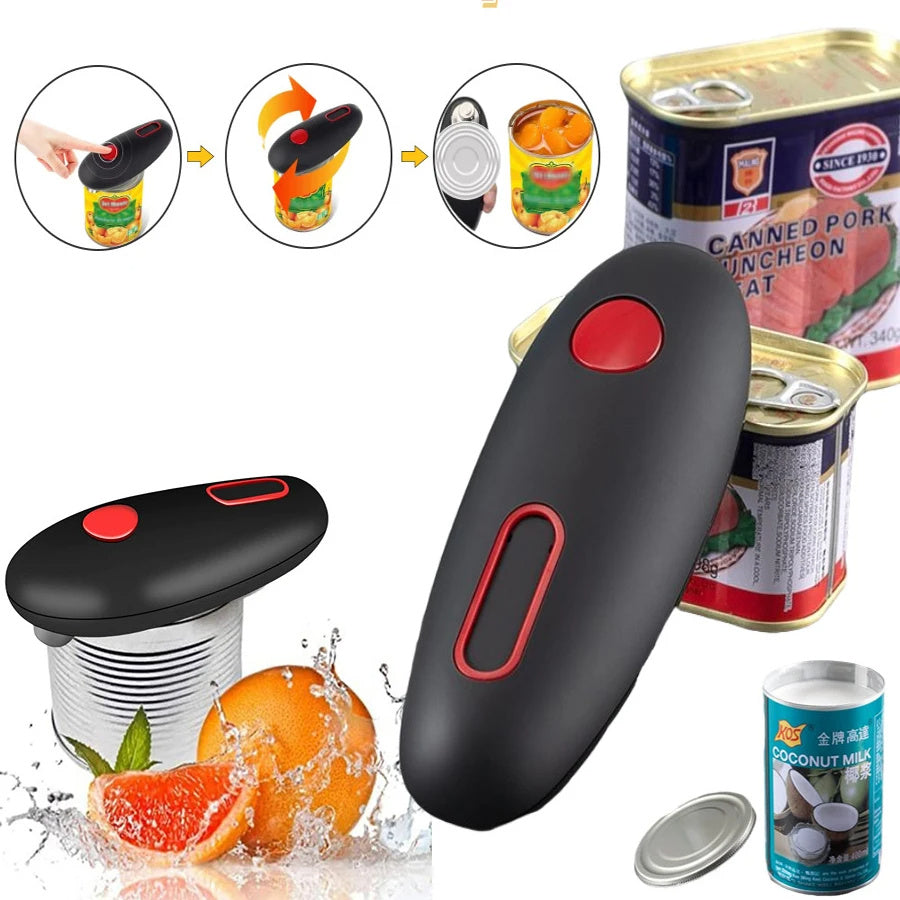 Electric can opener with one-touch operation, portable design, and hands-free functionality for easy jar, bottle, and can opening in the kitchen