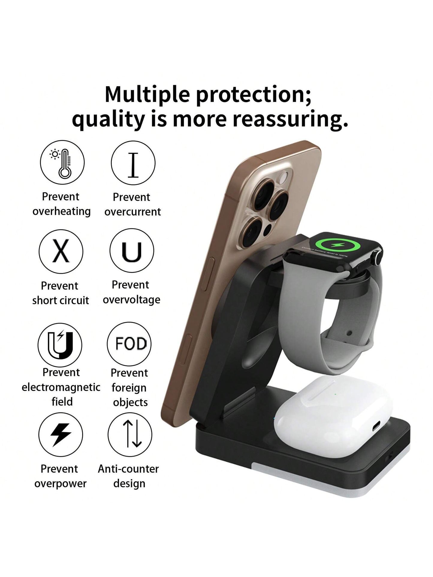 3-in-1 15W Fast Wireless Charging Station for iPhone, Watch & Earbuds