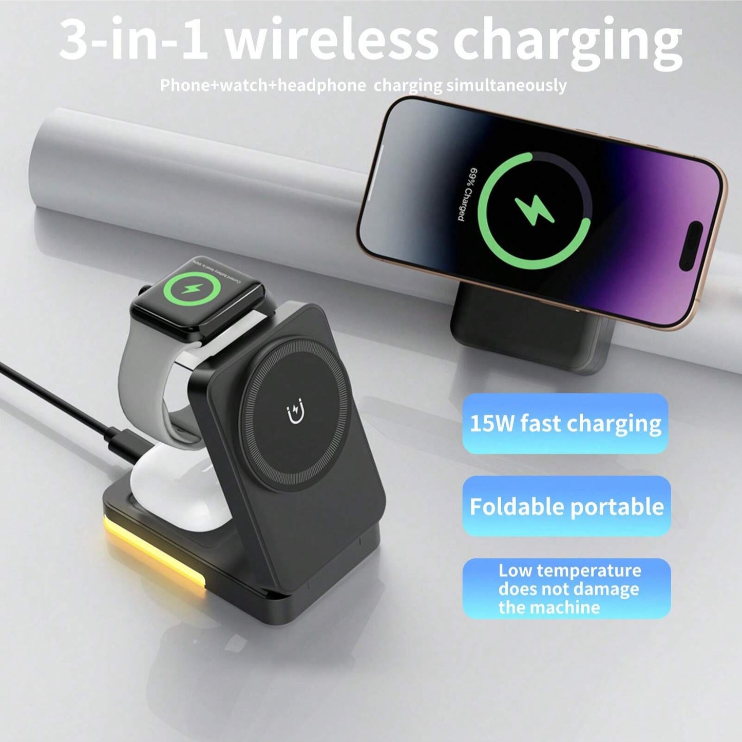 3-in-1 15W Fast Wireless Charging Station for iPhone, Watch & Earbuds