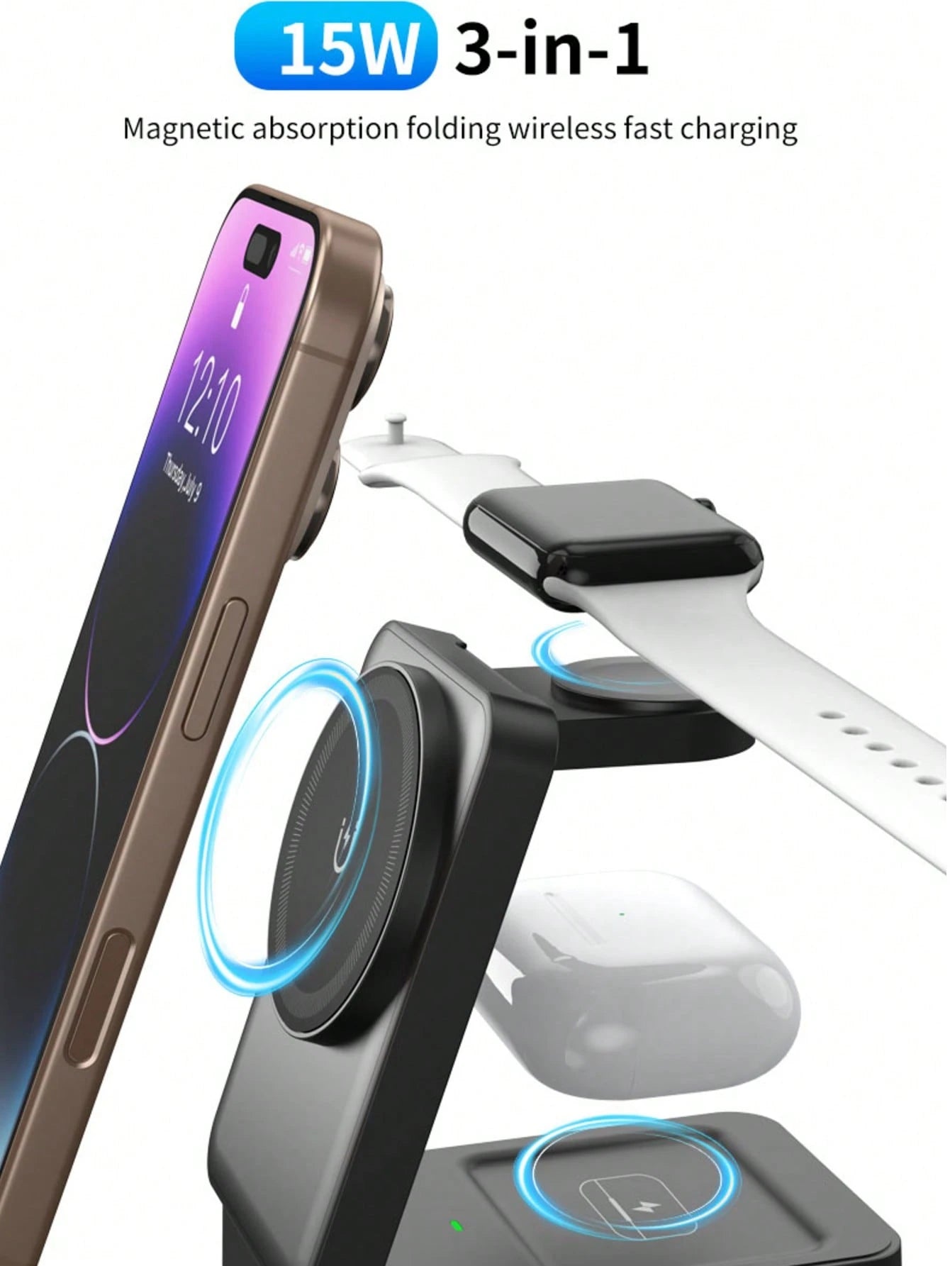 3-in-1 15W Fast Wireless Charging Station for iPhone, Watch & Earbuds
