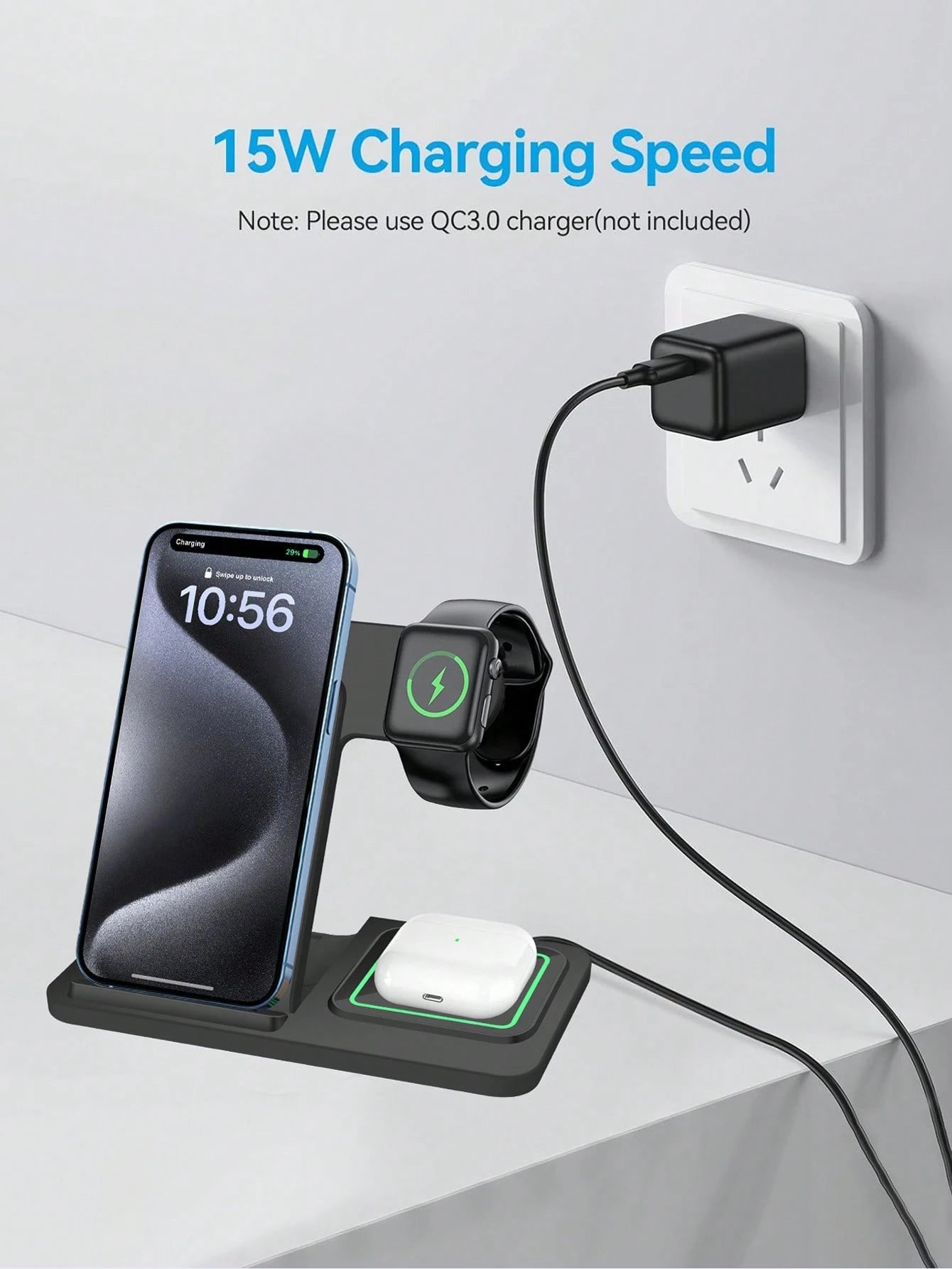 3-in-1 Fast Wireless Charger Dock Station for iPhone, Watch & AirPods