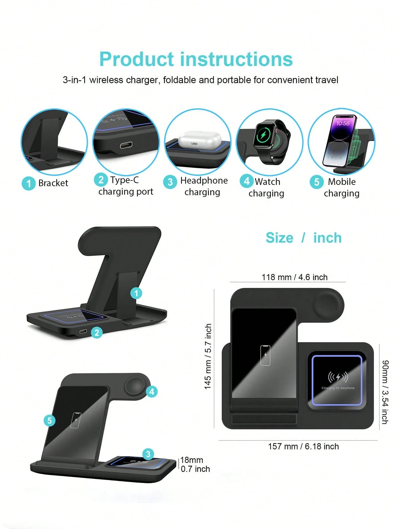 3-in-1 Fast Wireless Charger Dock Station for iPhone, Watch & AirPods