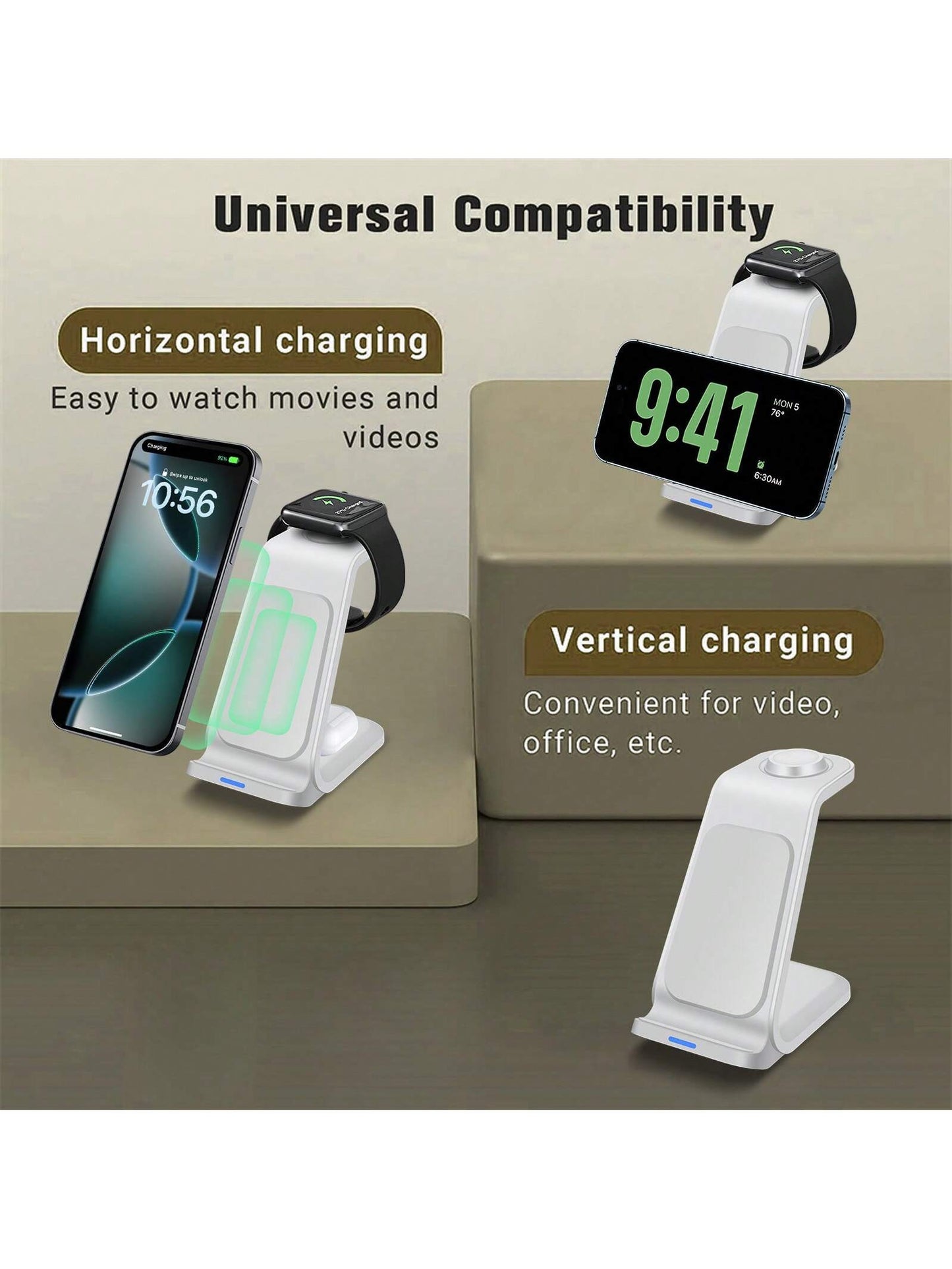 3-in-1 Wireless Charger Fast Charging Dock for iPhone, Watch & AirPods