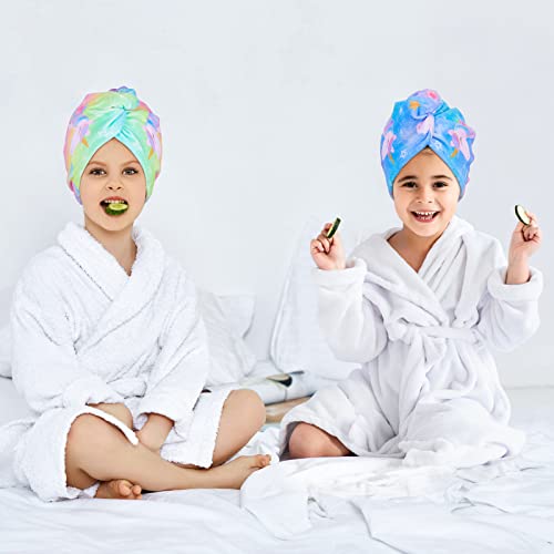 FIOBEE Microfiber Hair Towel Wrap for Kid Rapid Drying Towel Absorbent Hair Turbans for Wet Hair with Button Women Girls Long Curly Hair Pack of 2, Blue
