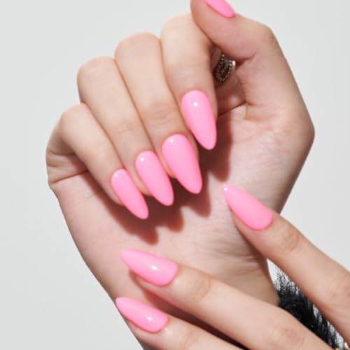GLAMERMAID Press on Nails Medium Almond, Spring Summer Handmade Hot Pink Gel Glue on Nail, 24Pcs Glossy Short Stiletto Reusable UV Finish Fake Nails Acrylic False Nails Manicure Kits for Women
