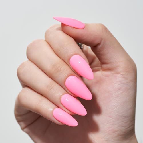 GLAMERMAID Press on Nails Medium Almond, Spring Summer Handmade Hot Pink Gel Glue on Nail, 24Pcs Glossy Short Stiletto Reusable UV Finish Fake Nails Acrylic False Nails Manicure Kits for Women