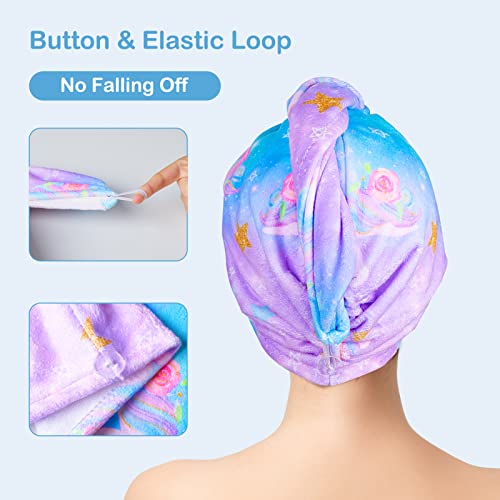 FIOBEE Microfiber Hair Towel Wrap for Kid Rapid Drying Towel Absorbent Hair Turbans for Wet Hair with Button Women Girls Long Curly Hair Pack of 2, Blue
