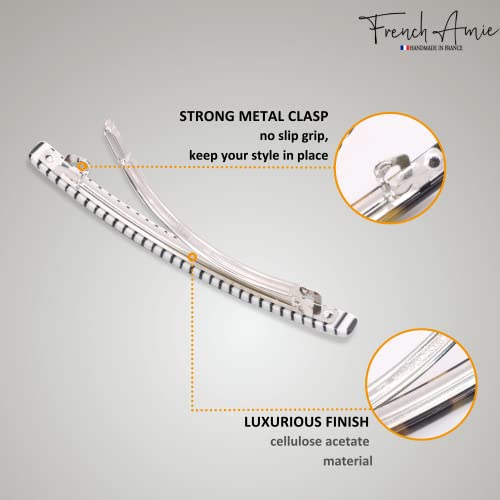 French Amie Long and Thin Black White Large 4” Handmade Celluloid Automatic Hair Clip Barrette for Women and Girls (Stripe)