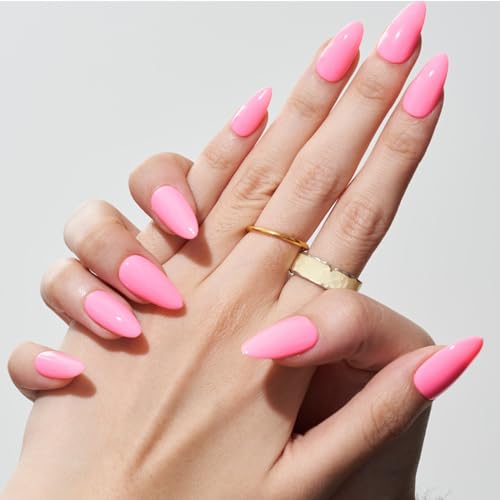 GLAMERMAID Press on Nails Medium Almond, Spring Summer Handmade Hot Pink Gel Glue on Nail, 24Pcs Glossy Short Stiletto Reusable UV Finish Fake Nails Acrylic False Nails Manicure Kits for Women