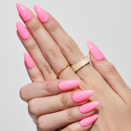 GLAMERMAID Press on Nails Medium Almond, Spring Summer Handmade Hot Pink Gel Glue on Nail, 24Pcs Glossy Short Stiletto Reusable UV Finish Fake Nails Acrylic False Nails Manicure Kits for Women