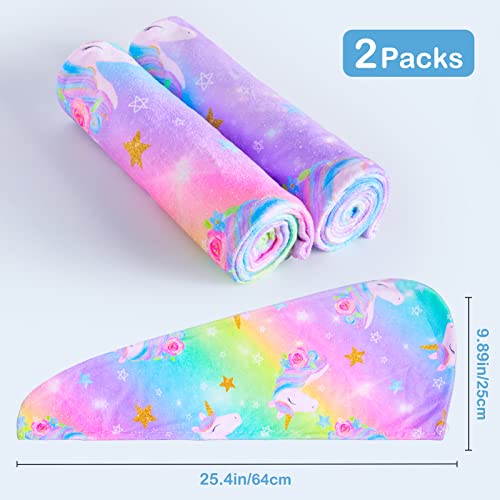 FIOBEE Microfiber Hair Towel Wrap for Kid Rapid Drying Towel Absorbent Hair Turbans for Wet Hair with Button Women Girls Long Curly Hair Pack of 2, Blue