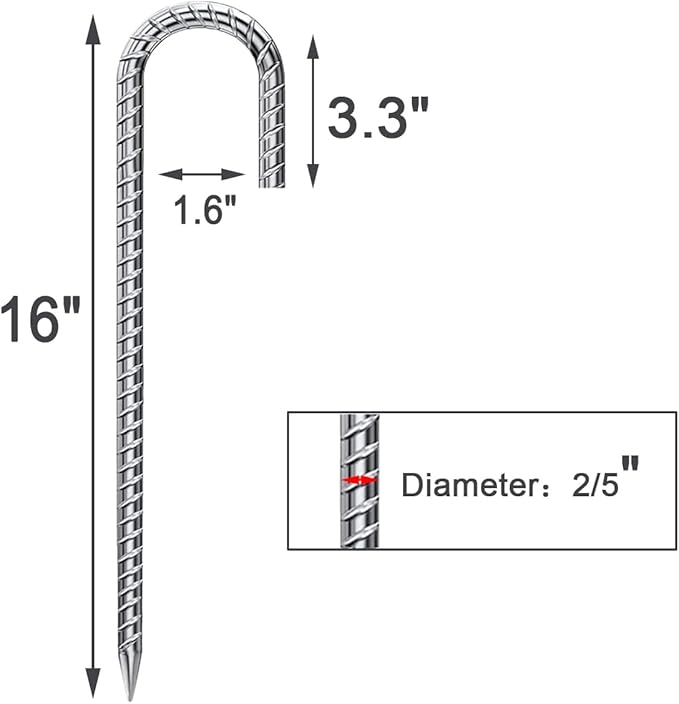 Rebar Stakes 16 Inch 9 Pack Tent Stakes Heavy Duty Metal J Hook, Fence Stakes for Trampoline, Fence, Camping Tent (9, J-16 x2/5")