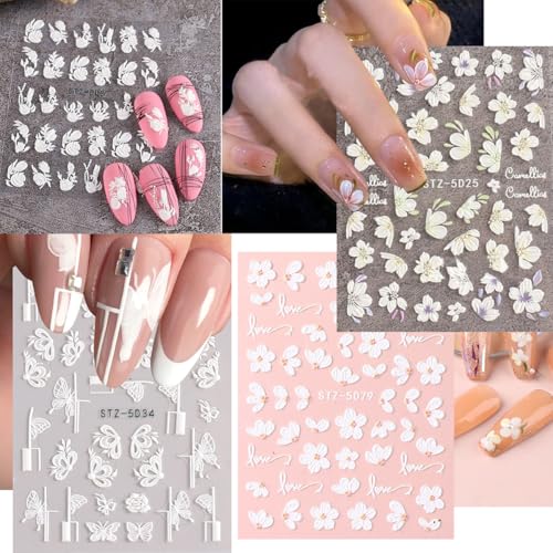 5D Embossed Flowers Nail Art Stickers for Acrylic Nails,8 Sheets Engraved Flower Butterfly Nail Decals Spring Summer Nail Art Accessories French Tips Nail Designs Self Adhesive Nail Stickers for Women