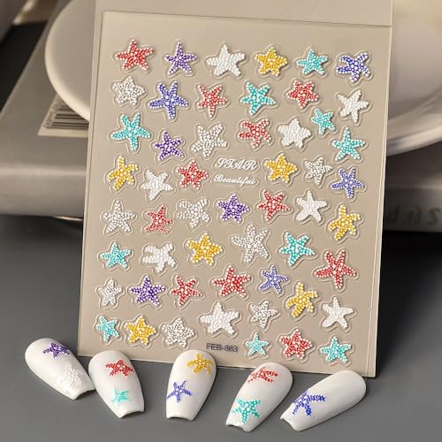 5D Embossed Starfish Nail Art Stickers Starfish Nail Stickers Colorful Ocean Nail Decals Self-Adhesive with Beach Designs Summer Nail Supplies for Women Girls Acrylic Nails DIY Manicure