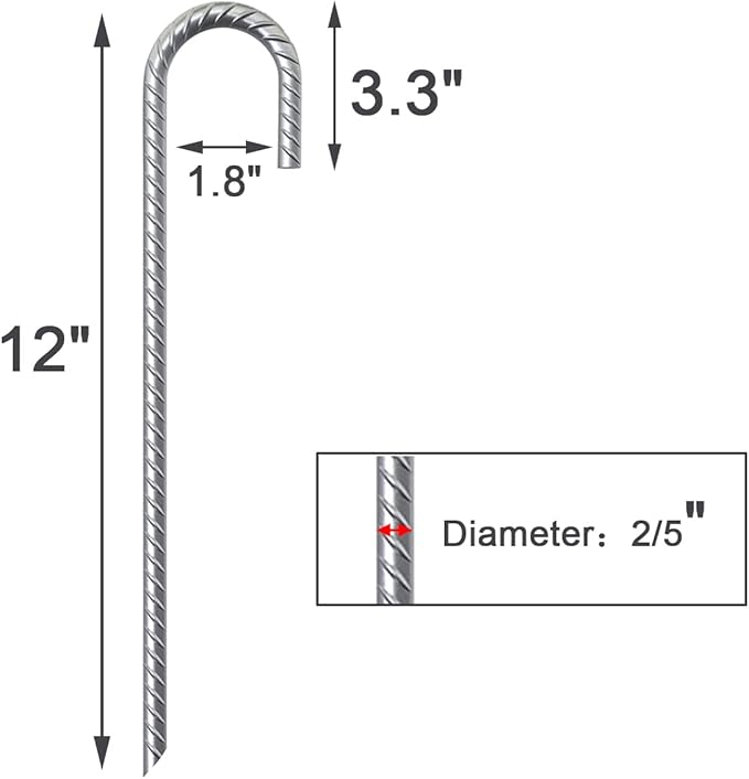 Rebar Stakes 12 Inch 32 Pack Tent Stakes Heavy Duty Metal J Hook, Fence Stakes for Trampoline, Fence, Camping Tent (32, 12")