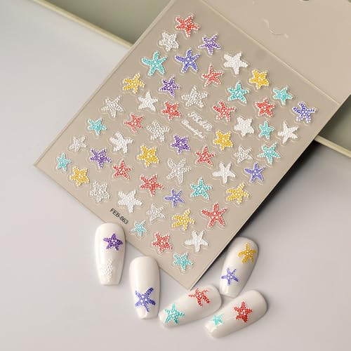 5D Embossed Starfish Nail Art Stickers Starfish Nail Stickers Colorful Ocean Nail Decals Self-Adhesive with Beach Designs Summer Nail Supplies for Women Girls Acrylic Nails DIY Manicure