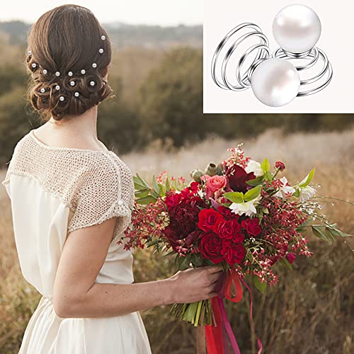 60 PCS 4 Shapes Gems Rhinestone Twister Hair Studs Set Diamond Spiral Pearl Flower Jewels Hair Pins Sticks for Wedding, Bridal, Prom, Party and Special Occasion, Pearl