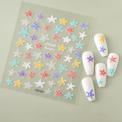 5D Embossed Starfish Nail Art Stickers Starfish Nail Stickers Colorful Ocean Nail Decals Self-Adhesive with Beach Designs Summer Nail Supplies for Women Girls Acrylic Nails DIY Manicure