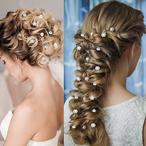 60 PCS 4 Shapes Gems Rhinestone Twister Hair Studs Set Diamond Spiral Pearl Flower Jewels Hair Pins Sticks for Wedding, Bridal, Prom, Party and Special Occasion, Pearl