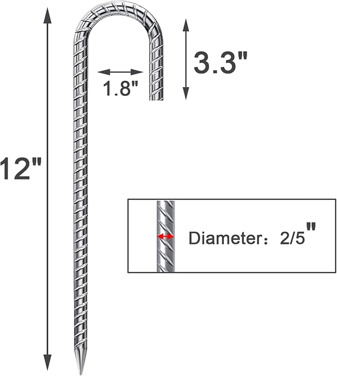 Rebar Stakes 12 Inch 16 Pack Tent Stakes Heavy Duty Metal J Hook, Fence Stakes for Trampoline, Fence, Camping Tent (16, 12")