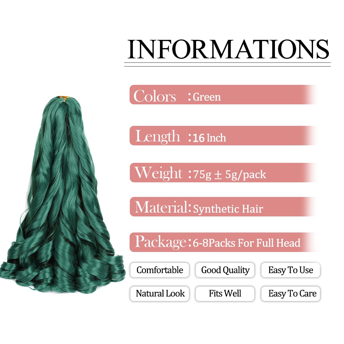 French Curly Braiding Hair 16 Inch Green Curly Braiding Hair 8 Pack 75g/pack Loose Wavy French Curl Braids Hair Extension Pre Stretched for Black Women Hair Extensions (16inch,8 pack,Green)