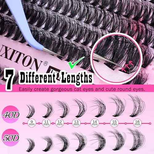 DIY Lash Extension Kit Fluffy 40D+50D Volume Lash Clusters Kit with Lash Bond and Seal 280 pcs Thick Individual Lashes 9-16 mm D Curl Mink Lashes Cluster, Lash Cluster Remover and Tweezers by FANXITON