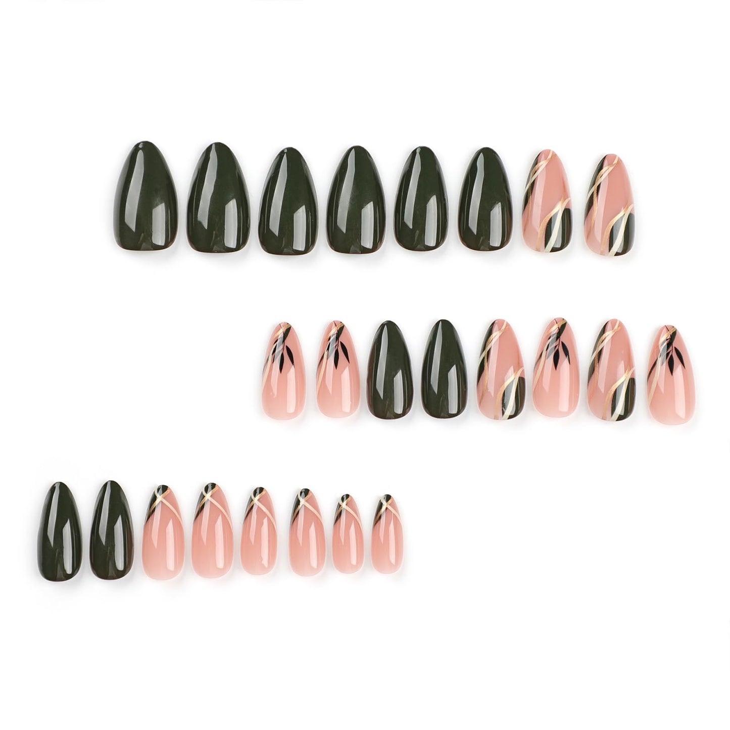 Green Press on Nails Short Almond Fake Nails with Designs Leaf False Nails Press ons Gold Swirl Glue on Nails Glossy Full Cover Acrylic Nail Artificial Cute Stick on Nails Manicure for Women 24Pcs
