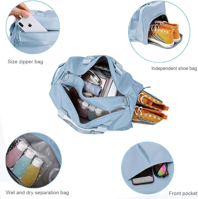 Small Gym Bag for Women and Men, Workout Bag for Sports and Weekend Getaway, Waterproof Dufflebag with Shoe and Wet Clothes Compartments (Light blue)
