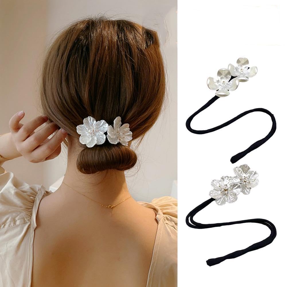2 Pcs Hair Bun Shining Silver Flowers Deft Bun Ball Hair Clip,Hair Bun Deft Bun for Hair Twister,Tie Dye Deft Bun Hair Bun for Long Thick for Women Girls Bun and Crown Shapers Hair Accessories