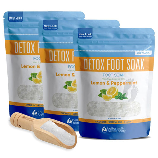 Detox Foot Soak (3 Pack Plus Scoop) Epsom Salt Soothing Soaks and Athlete's Foot Detox with Essential Oils in BPA Free Pouch with Press Lock Seal (Bundle with Three 2 Lbs Pouches 6 Lbs Total)