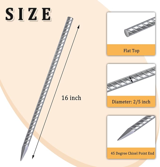 Rebar Stakes 16 Inch 9 Pack Tent Stakes Heavy Duty Metal J Hook, Fence Stakes for Trampoline, Fence, Camping Tent (9, I-16 x2/5")