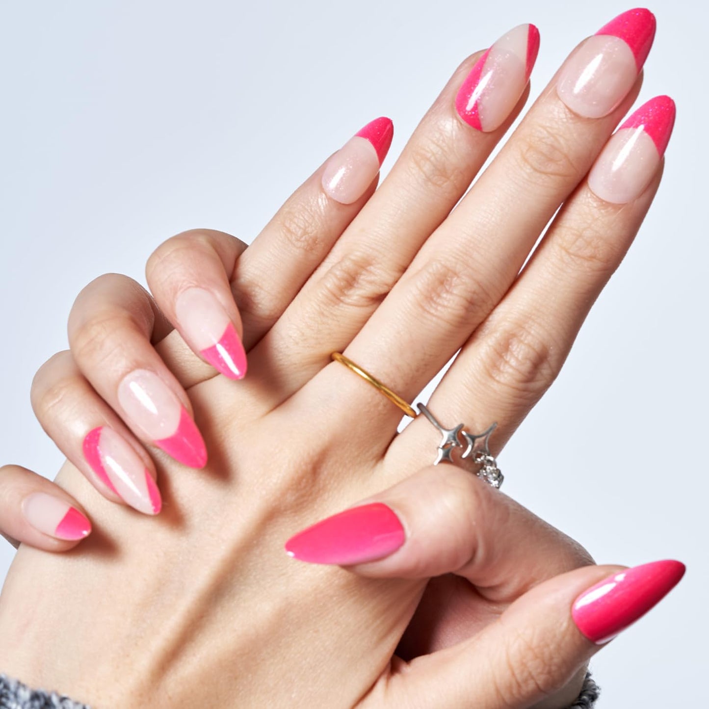 GLAMERMAID Hot Pink Press on Nails Medium Almond, Nude French Tip Fake Crush Nails,Shrimmer Stiletto Fake Nails, Short Oval Stick Glue on Nails Tips for Women, Reusable Acrylic False Nail Kits