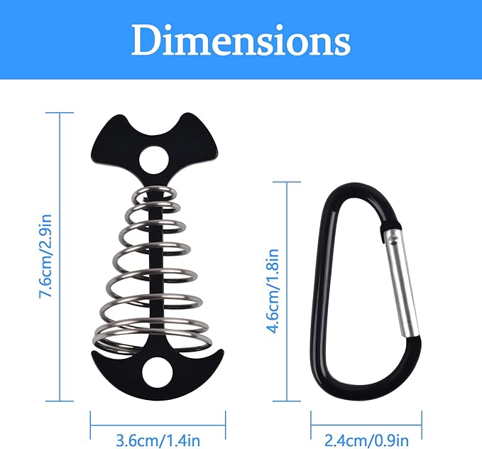 Deck Anchor Pegs,6Pcs Aluminium Alloy Fishbone Tent Stakes Pegs with Carabiners Clips,Windproof Deck Plank Board Tent Pegs Cord with Spring Rope Buckle,Adjuster Tensioner Set for Camping Hiking