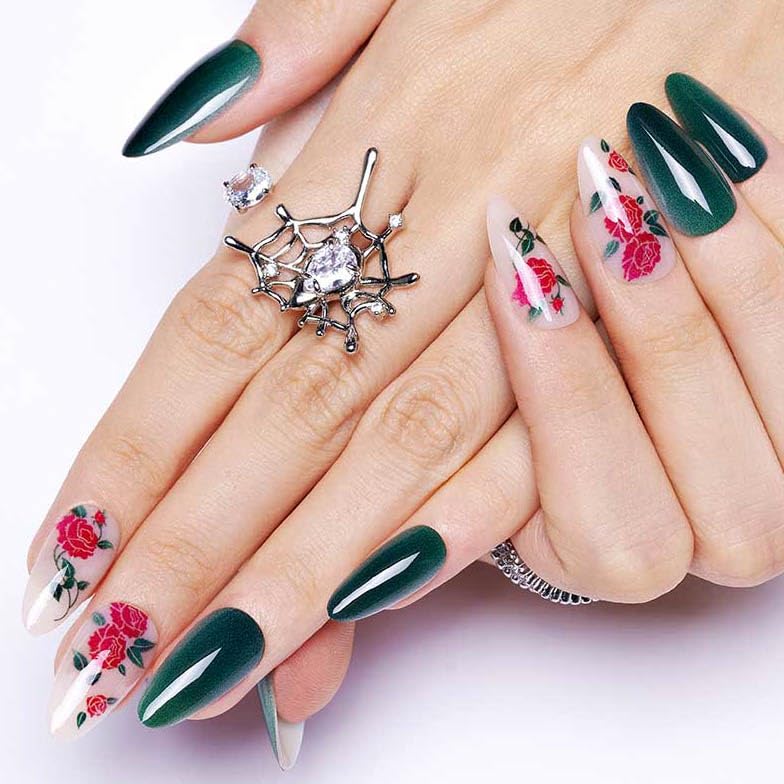 GLAMERMAID Deep Green Press on Nails Medium Almond, Rose Glossy Jelly Soft Gel Glue on Nails Stiletto, Autumn Flower Fern Fake Nails Short Oval, Reusable Acrylic Stick on False Nails Kit for Women