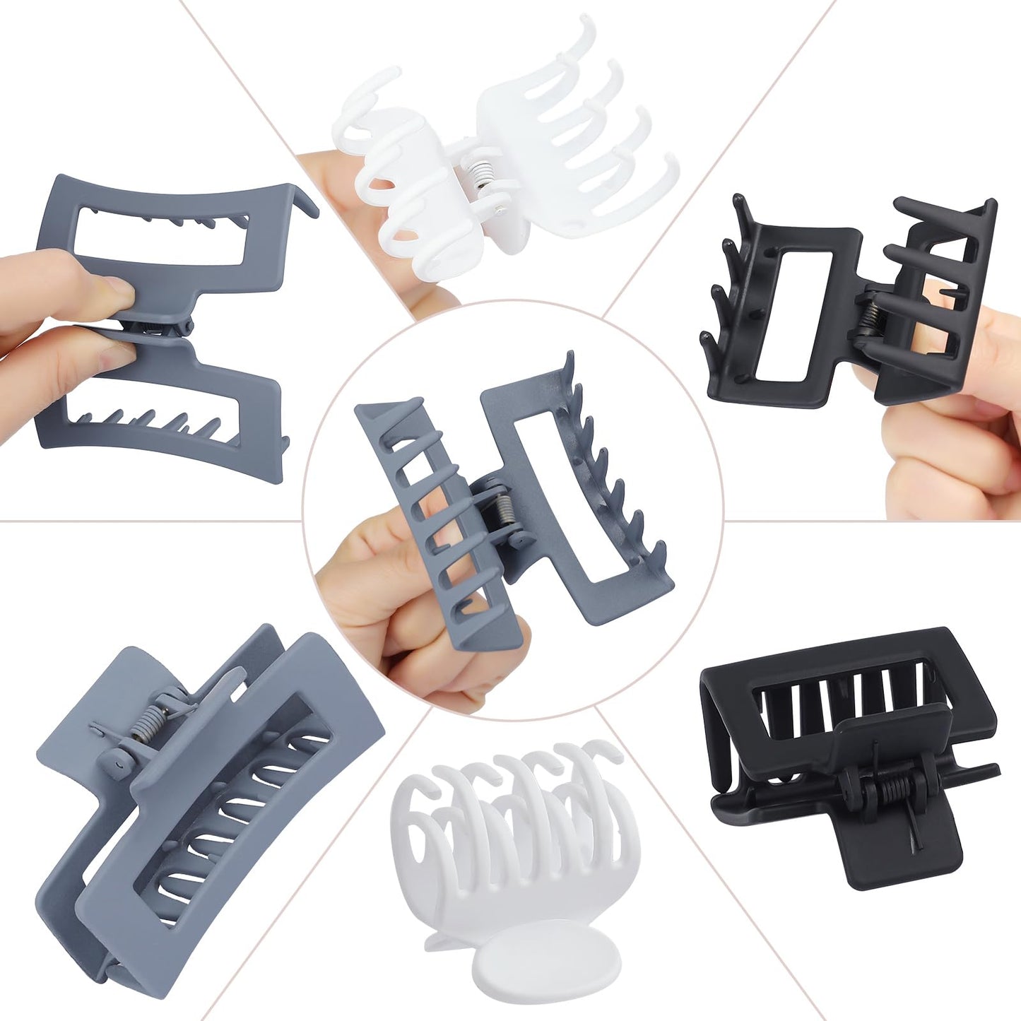 CHANDAT 3 Style Claw Hair Clips Set for Women - 9 pcs Medium Rectangle Clips for Thick Hair, Square Clips for Thin Hair - Grey