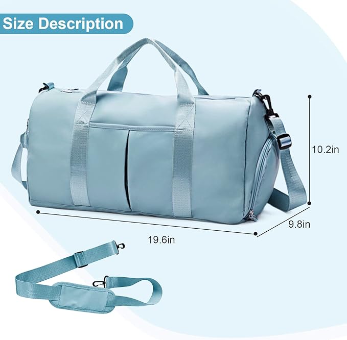 ZGWJ Sports Gym Bag with Wet Pocket & Shoes Compartment, Waterproof Shoulder Weekender Bag for Women and Men Swim Sports Travel Gym Bag Lightweight and easy Carry on Light Blue