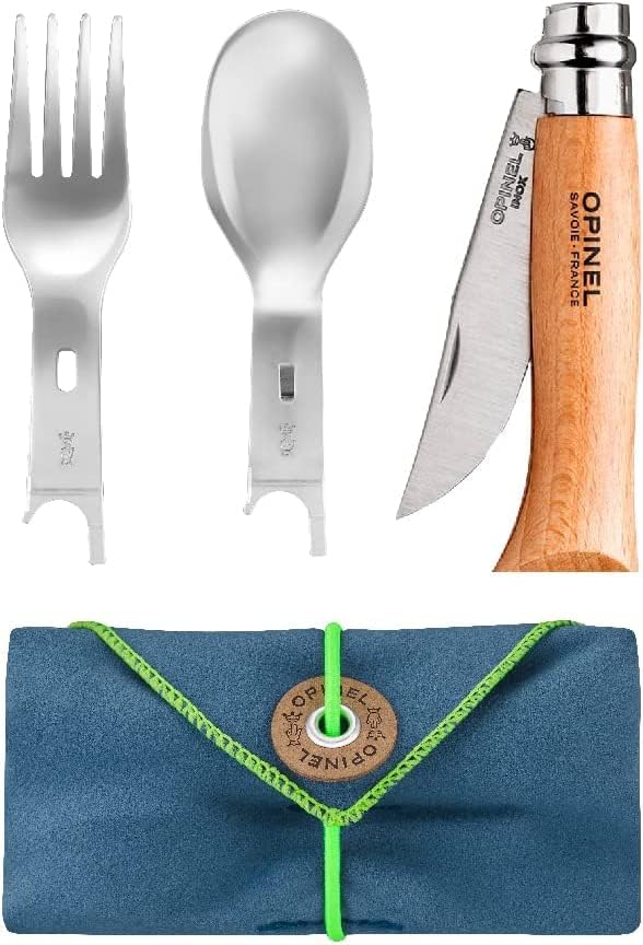 Opinel Picnic+ Cutlery Full Set, No.8 Stainless Steel Knife, Fork and Spoon Insert, Micro Fiber Napkin