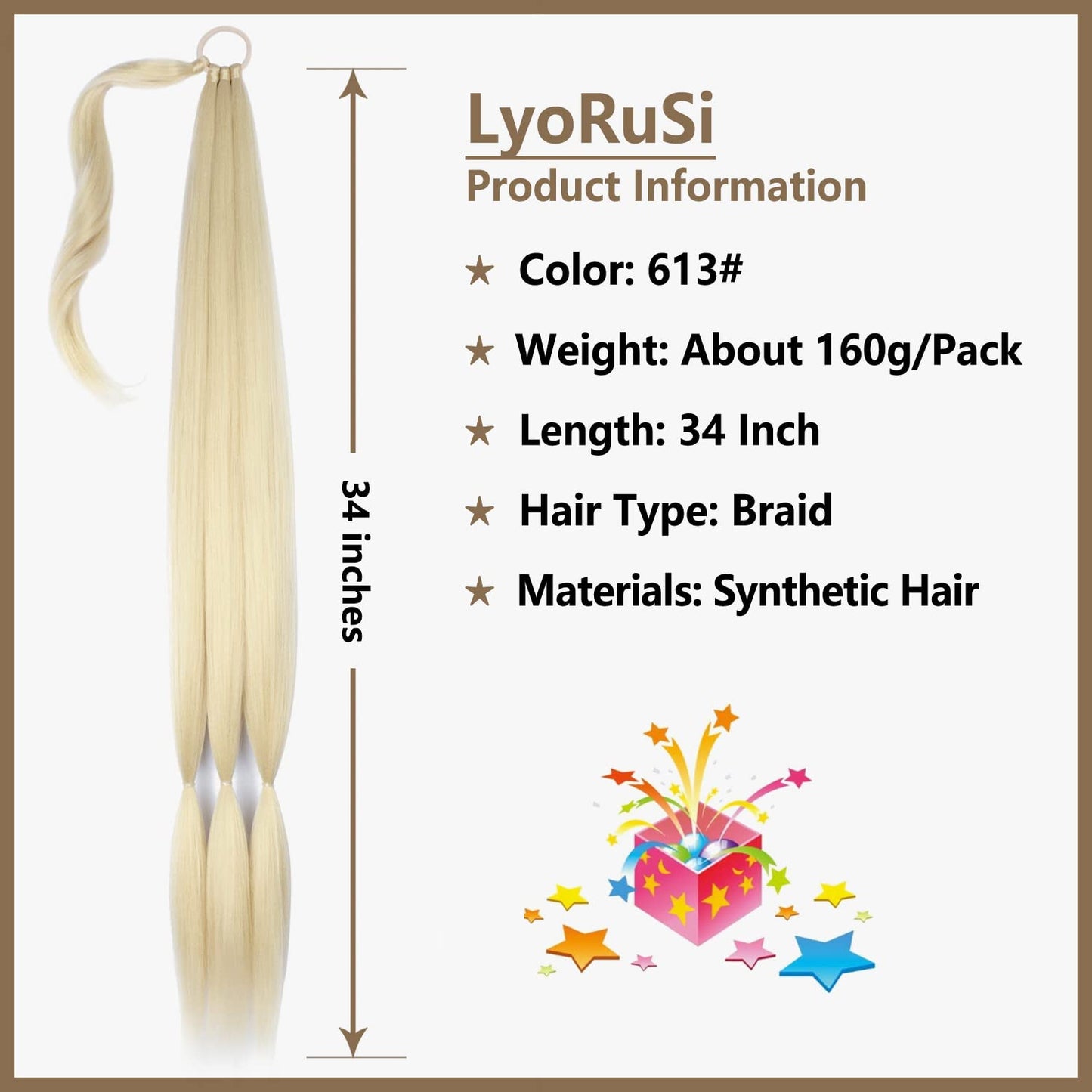 34 Inch Braided Ponytail Extension Braided Hair Extensions with Hair Tie Straight Wrap Around Long Braided Ponytail Natural Soft Synthetic Hair Piece for Women(613#)
