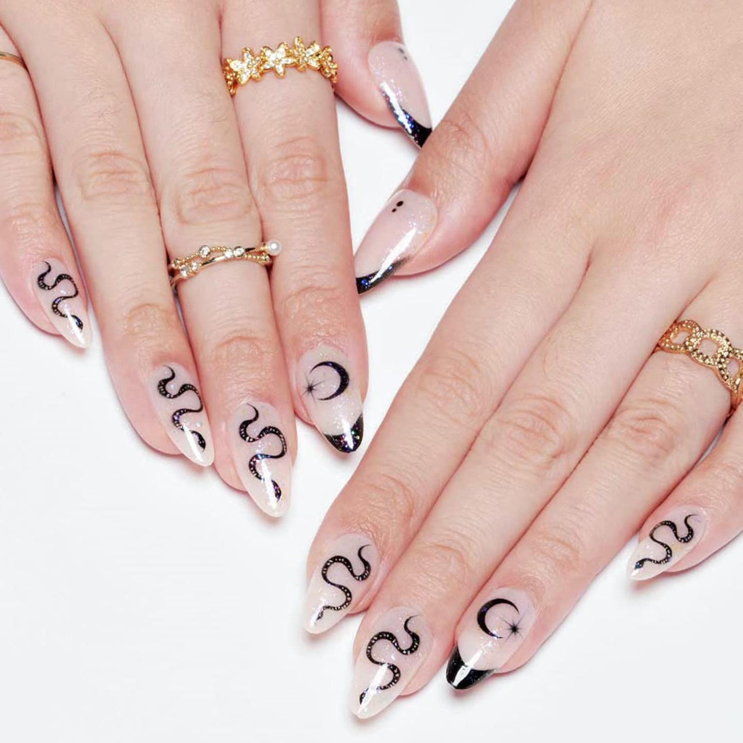 GLAMERMAID Nude White Press on Nail Medium Almond, Natural White Crush Nail, Stiletto Fake Nail with Glitter Snake Design, Short Oval Stick Glue on Nail Tips for Women, Reusable Acrylic False Nail Kit
