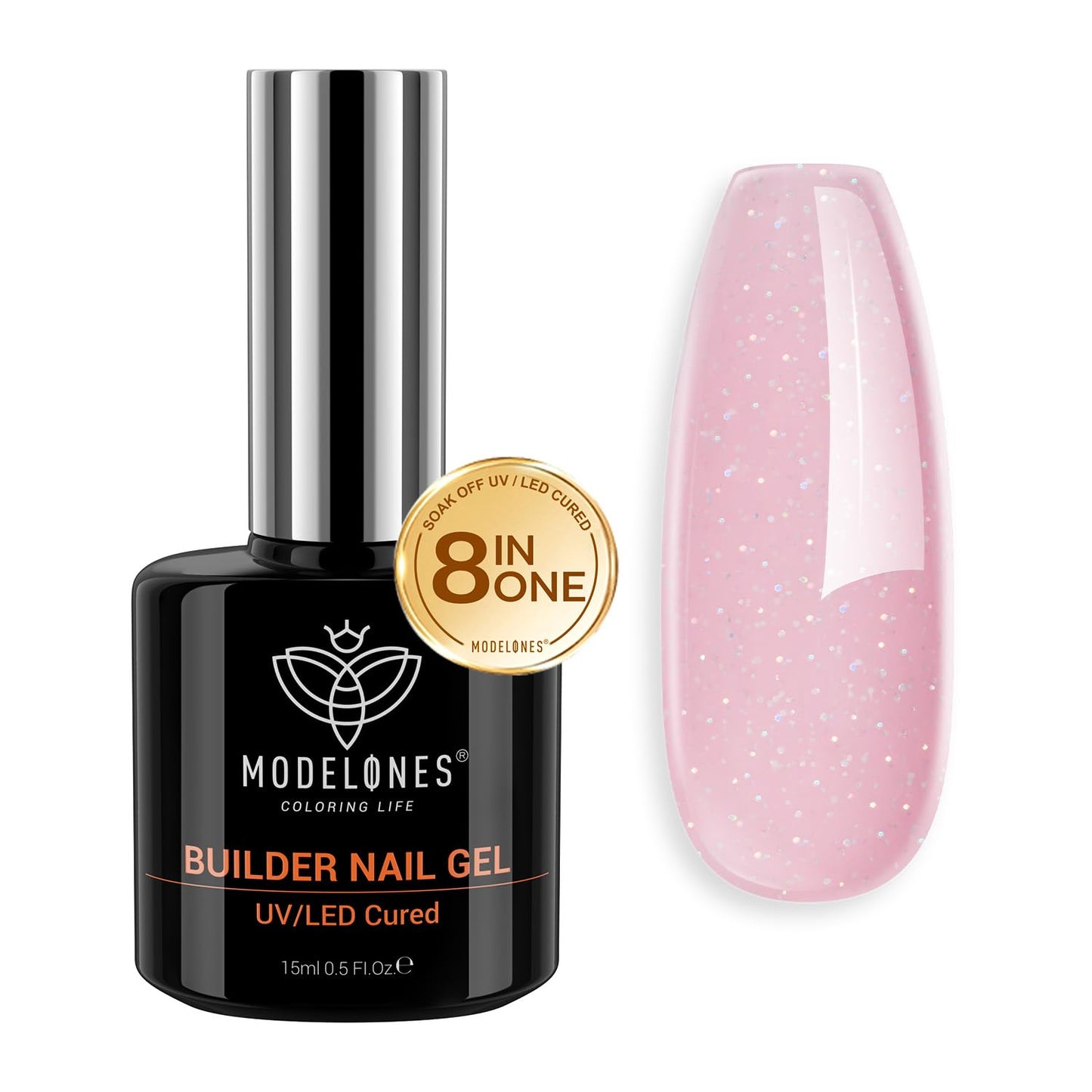 modelones Builder Nail Gel, 8-in-One Nude Pink Glitter Builder, Rainbow Iridescent Shimmer Nail Gel Polish, Jelly Pink Sparkle LED Lamp Cured Hard Rubber Color Base for Home DIY Salon Girls
