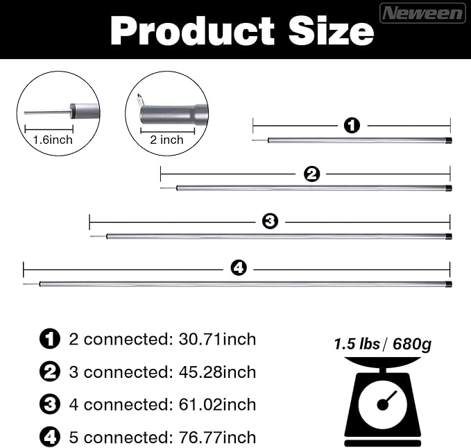 Neween Telescoping Tarp Poles Heavy Duty Adjustable Camping Tent Poles, Portable Replacement Canopy Rods for Rain Fly, Awning, Outdoor Camping, Hiking, Backpacking, Sunshade, Set of 2, Grey