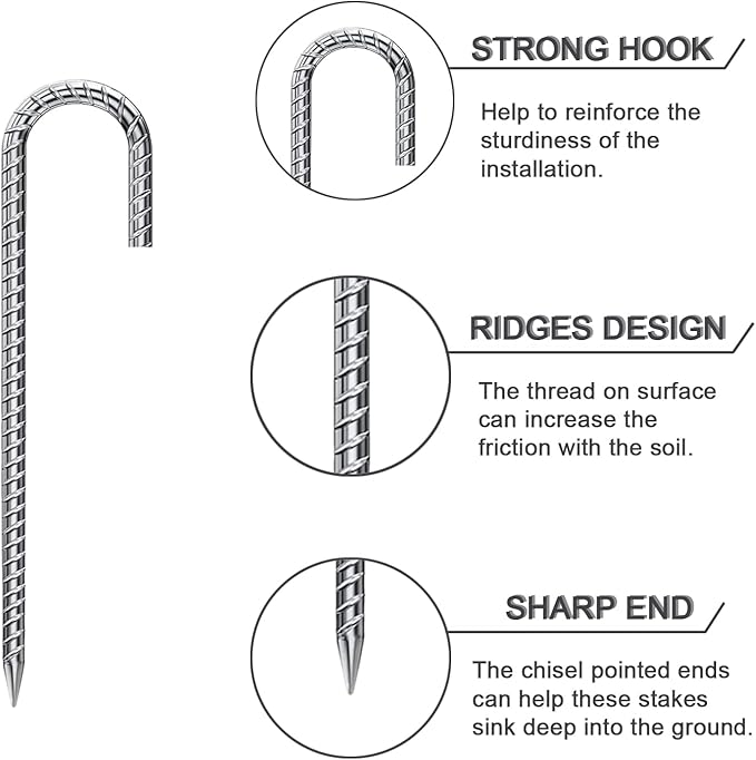 Rebar Stakes 12 Inch 16 Pack Tent Stakes Heavy Duty Metal J Hook, Fence Stakes for Trampoline, Fence, Camping Tent (16, 12")
