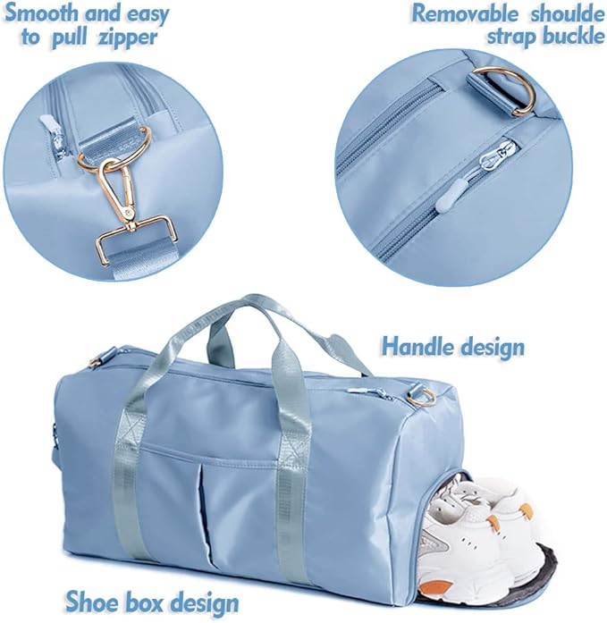 Small Gym Bag for Women and Men, Workout Bag for Sports and Weekend Getaway, Waterproof Dufflebag with Shoe and Wet Clothes Compartments (Light blue)