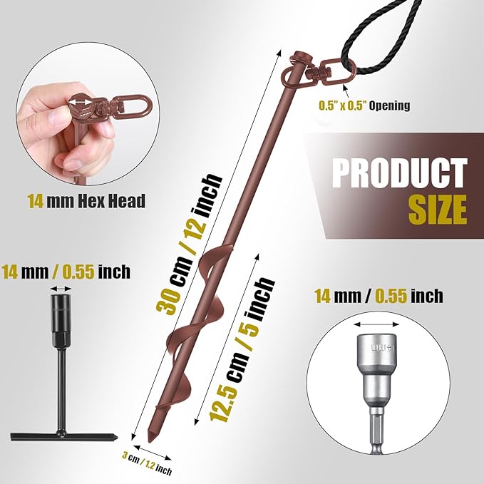 Reginary 12 Inch Tent Stakes Heavy Duty Screw in Ground Anchors High Wind Camping Stakes for Trampoline Canopy Carport Sheds Anchor Beach Sand Stakes Metal Swing Set(Brown,6 Pcs)
