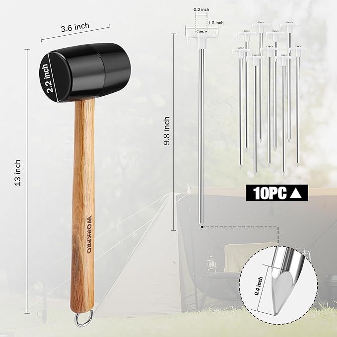 WORKPRO Tent Stakes and Hammer Set, 16oz Rubber Mallet Hammer, Wooden Handle, 10PC Heavy Duty Metal Tent Stakes and Storage Bag, DIY Woodworking, Camping Accessories for Ground, Camp and Graden