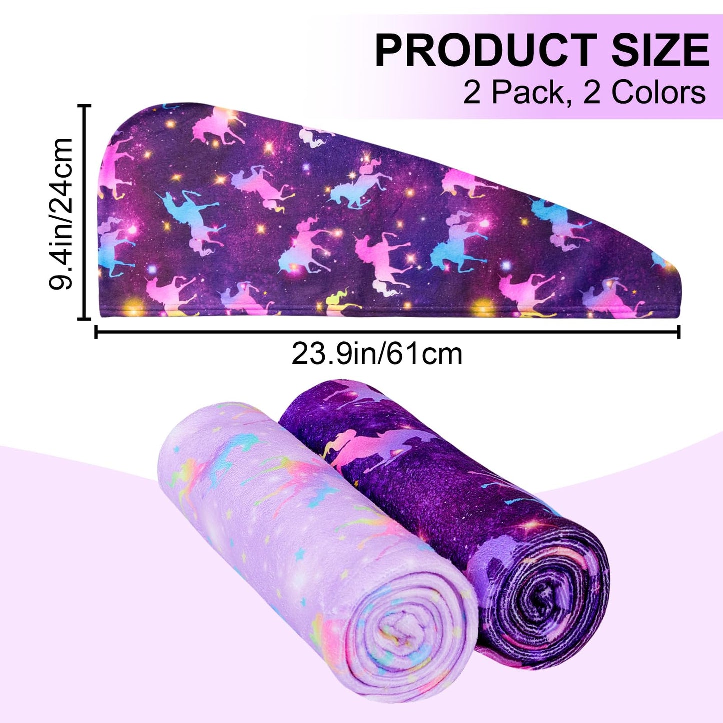 FIOBEE Microfiber Hair Towel Wrap for Kid Rapid Drying Towel Absorbent Hair Turbans for Wet Hair with Button Women Girls Long Curly Hair Pack of 2, Deep Purple Unicorn