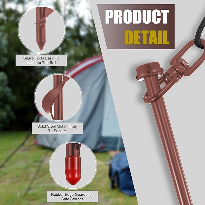 Reginary 12 Inch Tent Stakes Heavy Duty Screw in Ground Anchors High Wind Camping Stakes for Trampoline Canopy Carport Sheds Anchor Beach Sand Stakes Metal Swing Set(Brown,6 Pcs)
