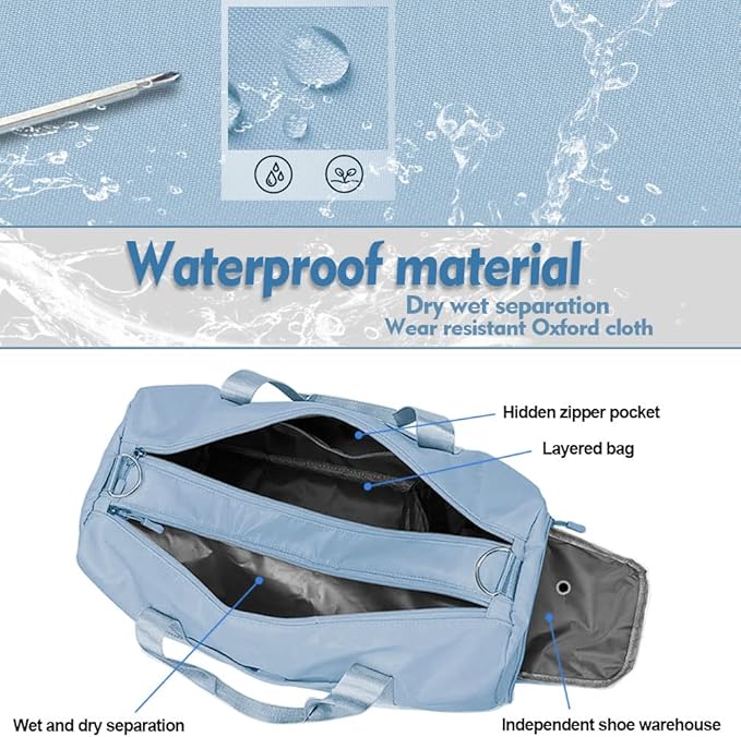 Small Gym Bag for Women and Men, Workout Bag for Sports and Weekend Getaway, Waterproof Dufflebag with Shoe and Wet Clothes Compartments (Light blue)