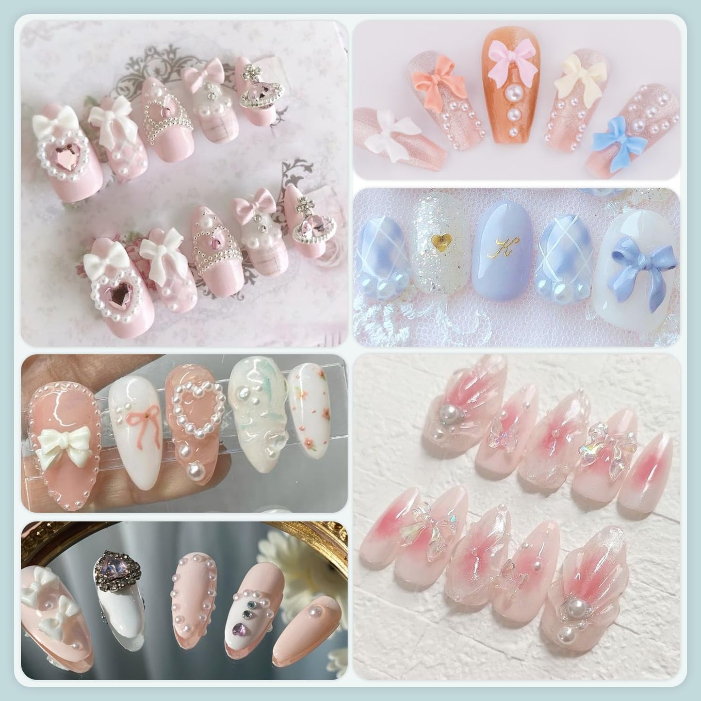 500 Pcs 3D Nail Charms and Flatback Pearls Set 9, Pink&White&Black Nail Bows + Pink&White Star Heart Cute Nail Jewels + 2-4mm White Nail Pearls for Nail Art DIY Decoration with Pickup Tools