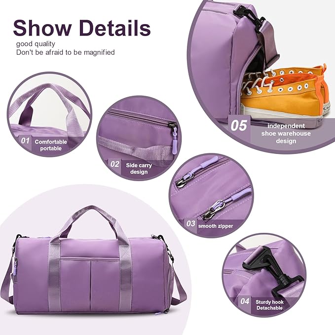 ZGWJ Sports Gym Bag with Wet Pocket & Shoes Compartment, Waterproof Shoulder Weekender Bag for Women and Men Swim Sports Travel Gym Bag Lightweight and easy Carry on Purple